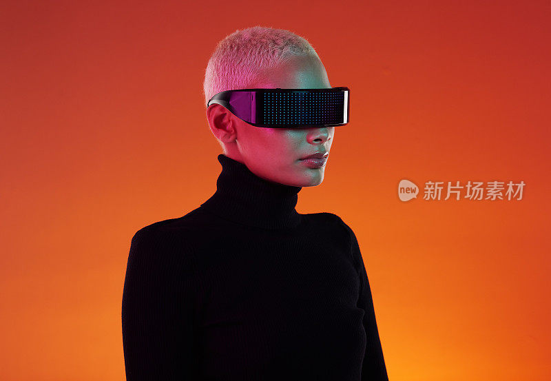 Woman, vr glasses and metaverse for augmented reality, digital transformation and future tech. Cyberpunk person on orange background with ar software headset for 3d and cyber world user experience